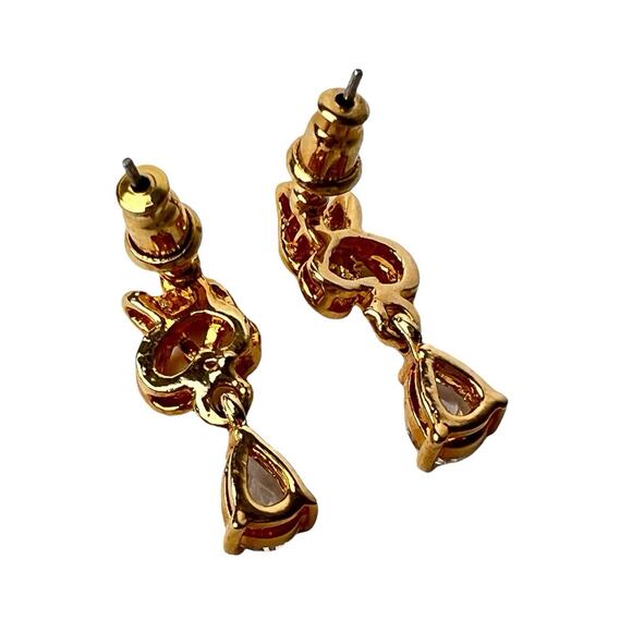 Rhinestone Dangle Earrings Teardrop Bright Clear Sparkle Shiny Gold Tone Post - Picture 4 of 9